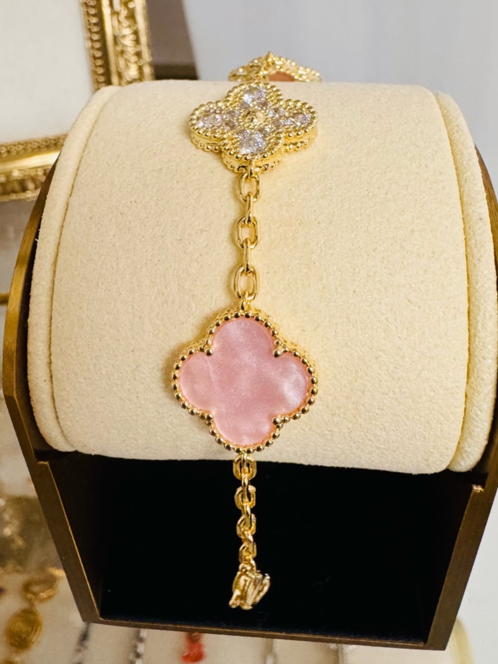 Gold Chain Bracelet with Pink Clover Accents - Picture 9 of 11